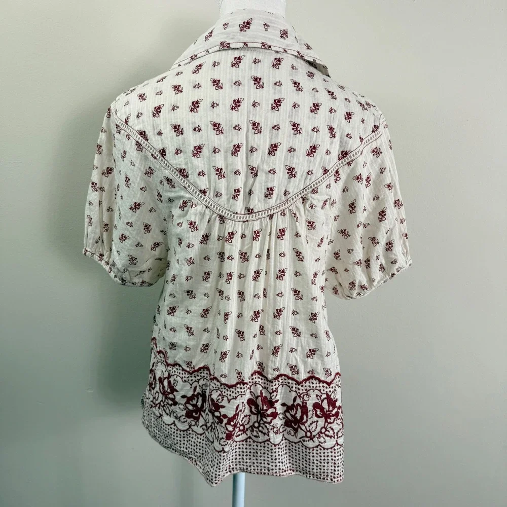 Anthropologie Floral Block Print Boho Blouse Red Cream Lace Trim Puff Sleeve M
